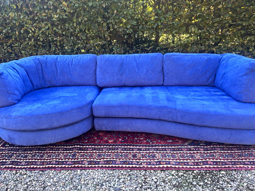 Large vintage curved blue sofa - vintage,
